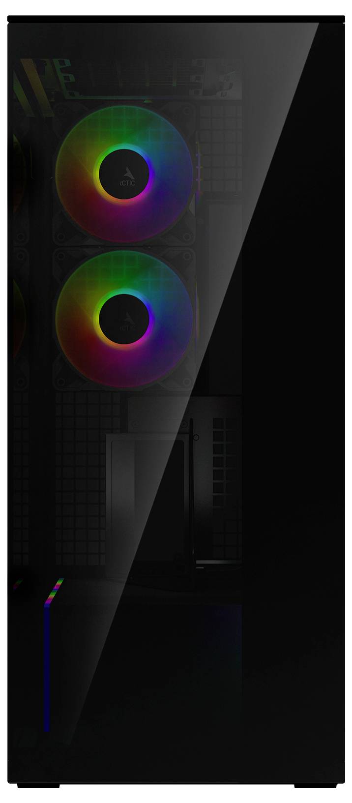 Ein schwarzes Computergehäuse mit einer transparenten Seitenscheibe gibt zwei leuchtende RGB-Lüfter im Inneren preis.