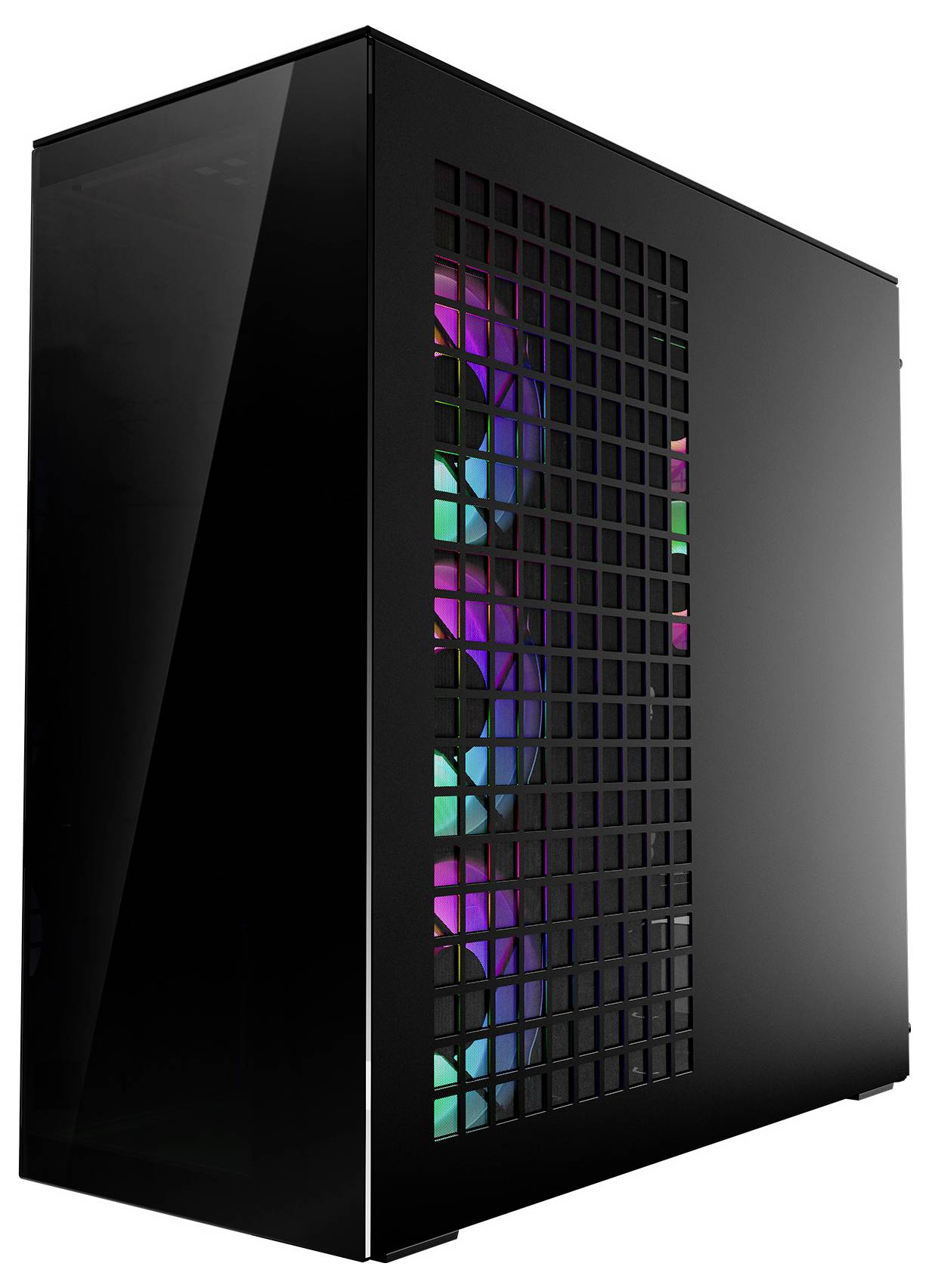 Ein schlanker, schwarzer PC-Turm mit einem transparenten Seitenpanel und intern sichtbarer RGB-Beleuchtung, die durch ein Gitterdesign an der Vorderseite durchscheint.