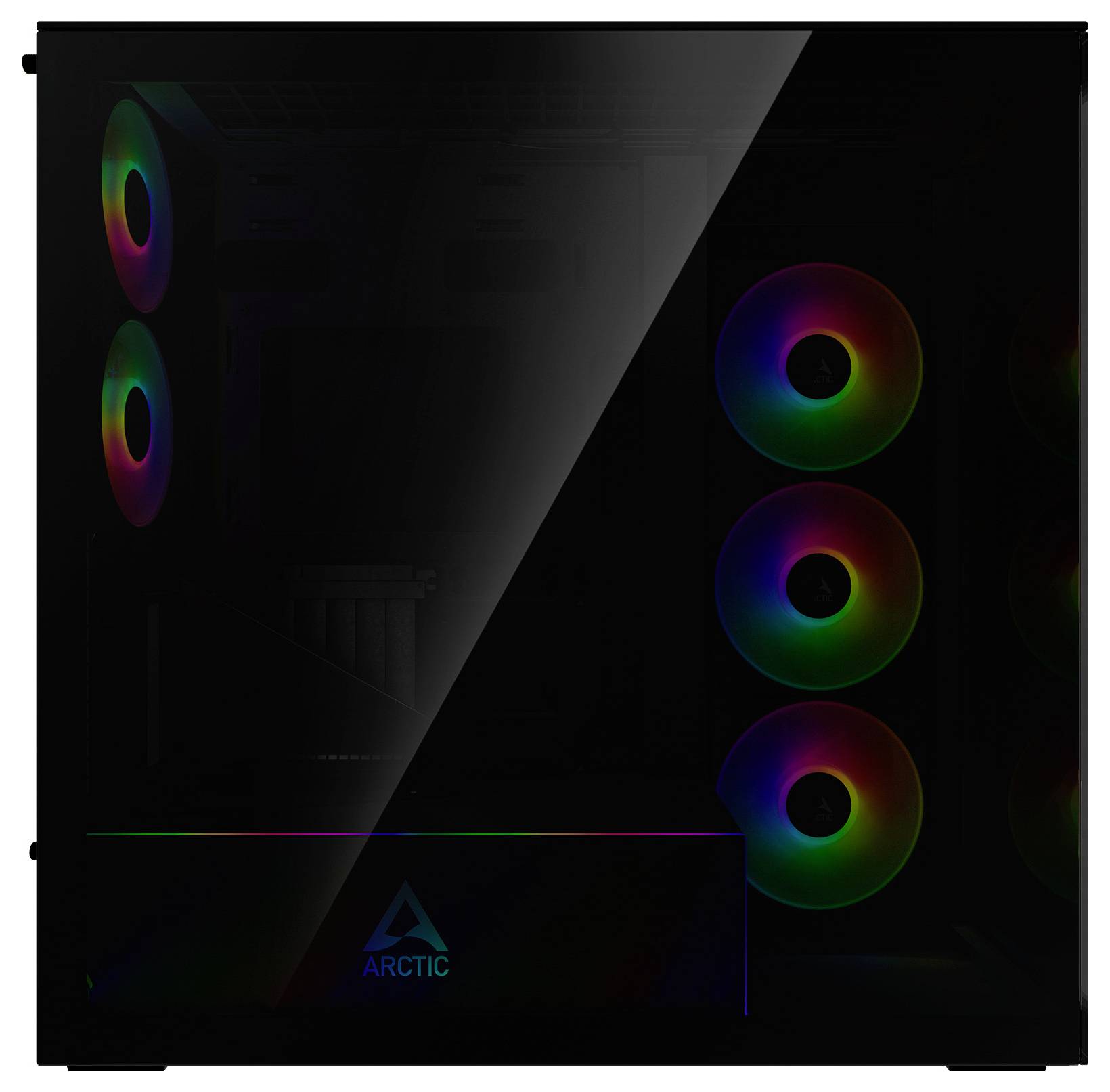 Ein Gaming-Computer-Gehäuse mit RGB-Lüftern an der Seite. Das Frontpanel zeigt ein Logo, und das Innenleben ist durch das Glas gedämpft sichtbar.