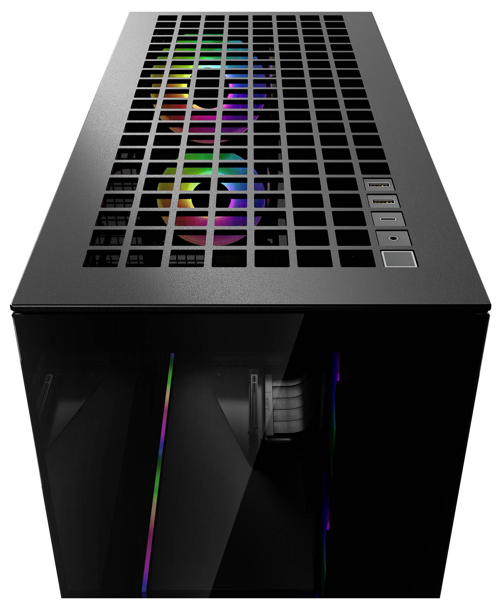 Ein schwarzes Computergehäuse mit einem Gitterdeckel zeigt interne RGB-Beleuchtung. Es verfügt über Frontschalter für Ein/Aus und Anschlüsse.
