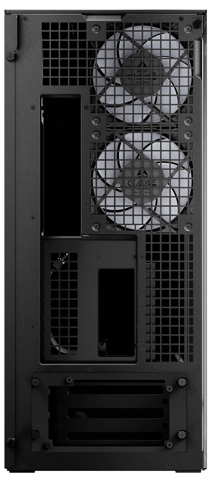 Rückseite eines Computergehäuses mit zwei Kühlventilatoren, mehreren Belüftungsöffnungen und Erweiterungssteckplätzen für Hardwarekomponenten.