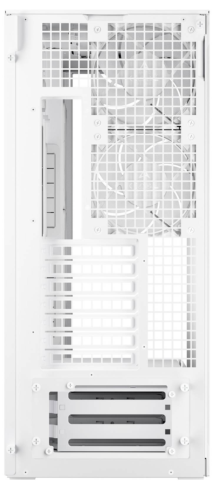 Weißes Computergehäuse mit Rückseite aus Maschengewebe, mehreren Erweiterungssteckplätzen und Lüftungsschlitzen, entwickelt für optimale Luftzirkulation und Komponentenorganisation.