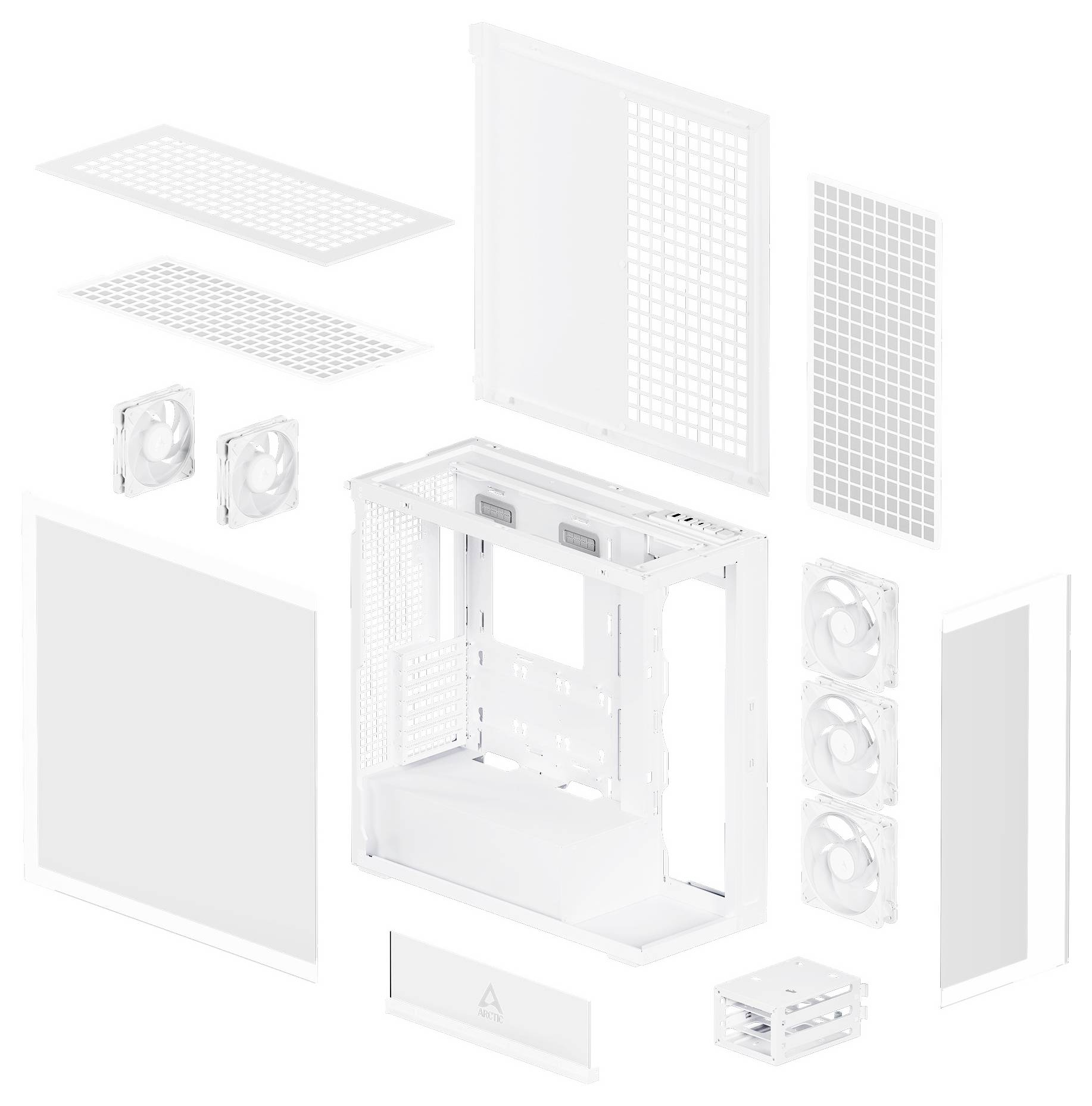 Explosionszeichnung eines weißen Computergehäuses mit zerlegten Platten, Lüftern und internen Komponenten, die um das Hauptchassis herum angeordnet sind.