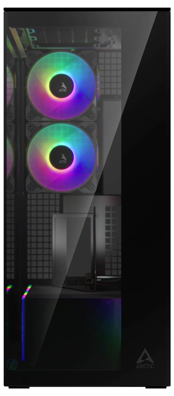 Ein schwarzer Desktop-Computertower mit einer Glasseite zeigt zwei beleuchtete, mehrfarbige Lüfter im Inneren, die die internen Komponenten präsentieren.