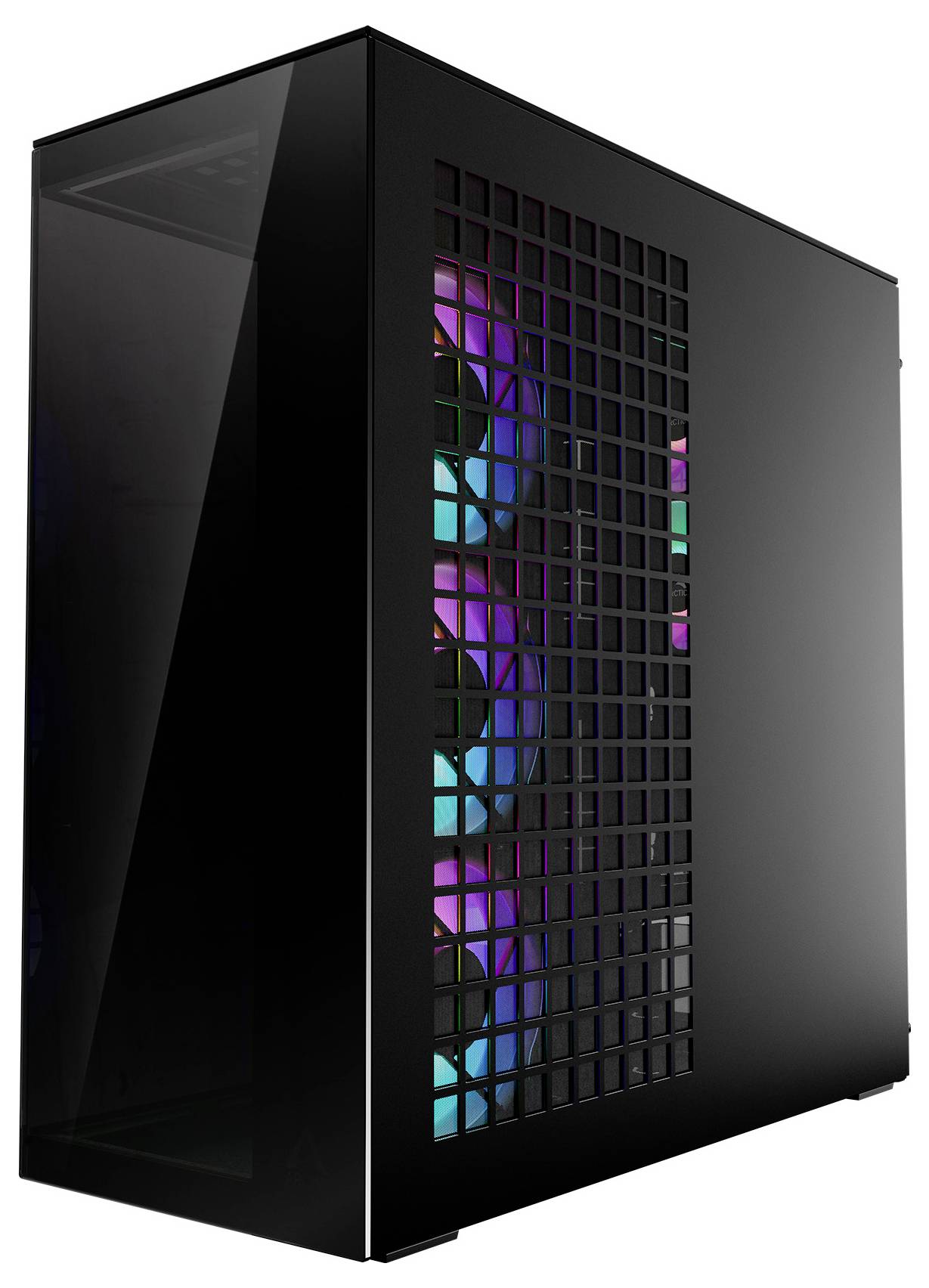 Ein schwarzes Computergehäuse mit einer Glasseite und sichtbaren vorderen Kühlventilatoren, die von bunten LED-Lichtern beleuchtet werden.