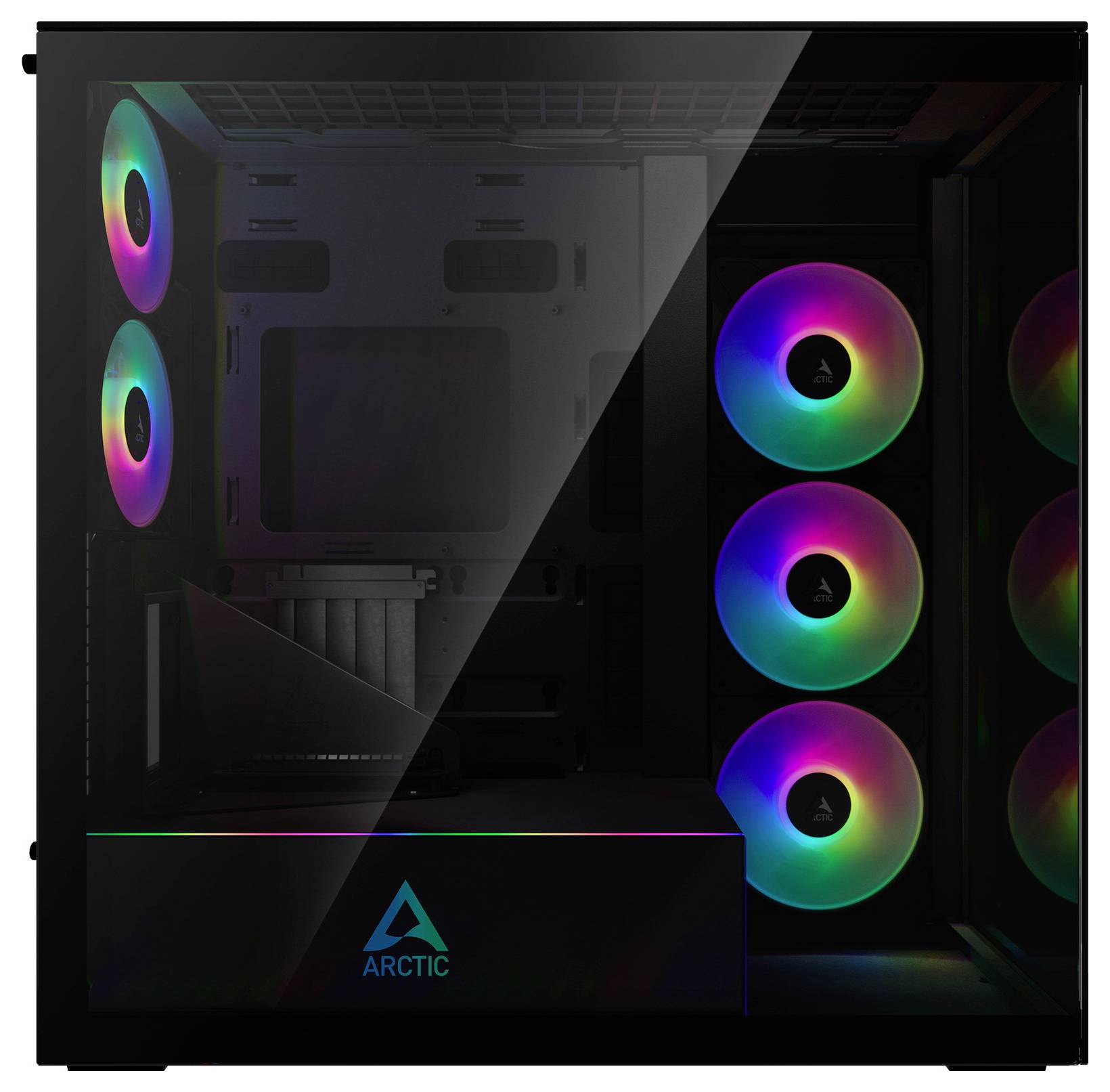 Ein Gaming-Computergehäuse mit fünf bunten RGB-Lüftern, die vertikal auf der rechten Seite angeordnet sind und durch eine Gehärtete-Glas-Scheibe sichtbar sind.
