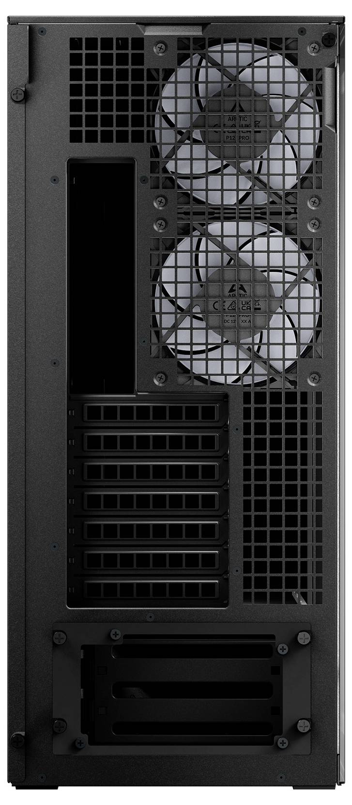 Das Bild zeigt die Rückansicht eines Computergehäuses mit mehreren belüfteten Abschnitten und zwei vertikal angeordneten Kühlventilatoren.