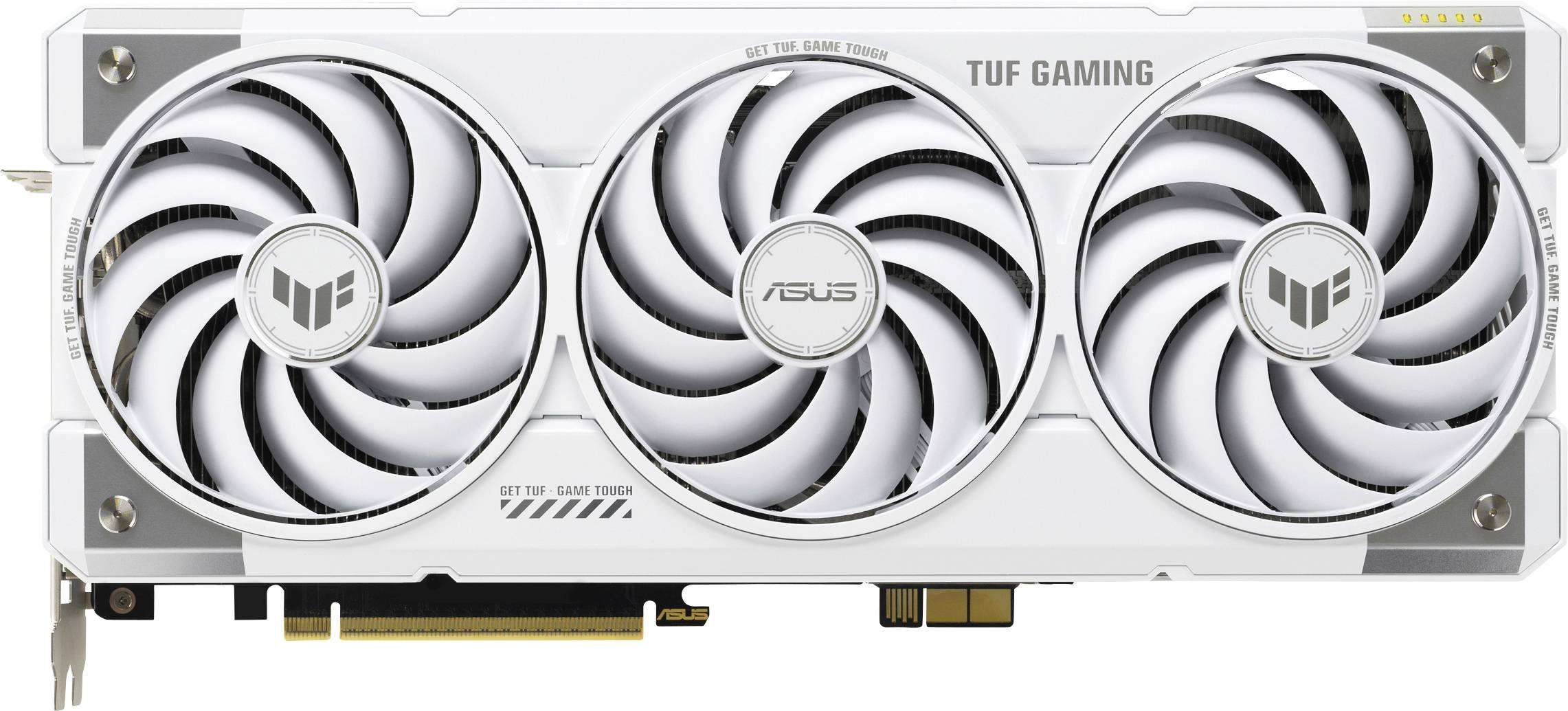 Eine weiße ASUS TUF Gaming Grafikkarte mit drei großen Kühlventilatoren und der Aufschrift 'TUF Gaming' auf dem Gehäuse.