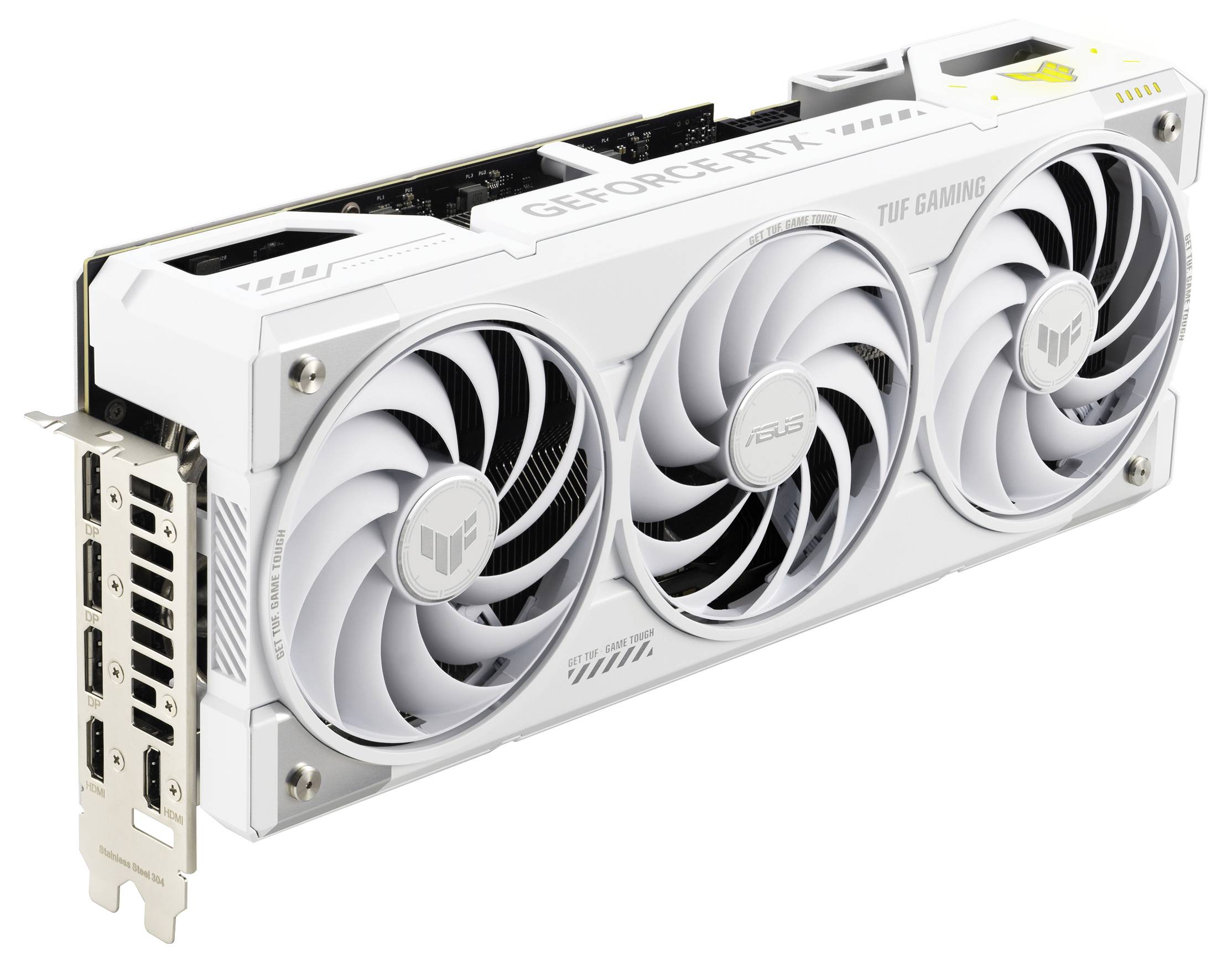 Eine weiße ASUS TUF Gaming GeForce RTX Grafikkarte mit drei Kühlventilatoren und mehreren Displayanschlüssen, entwickelt für High-Performance-Gaming.