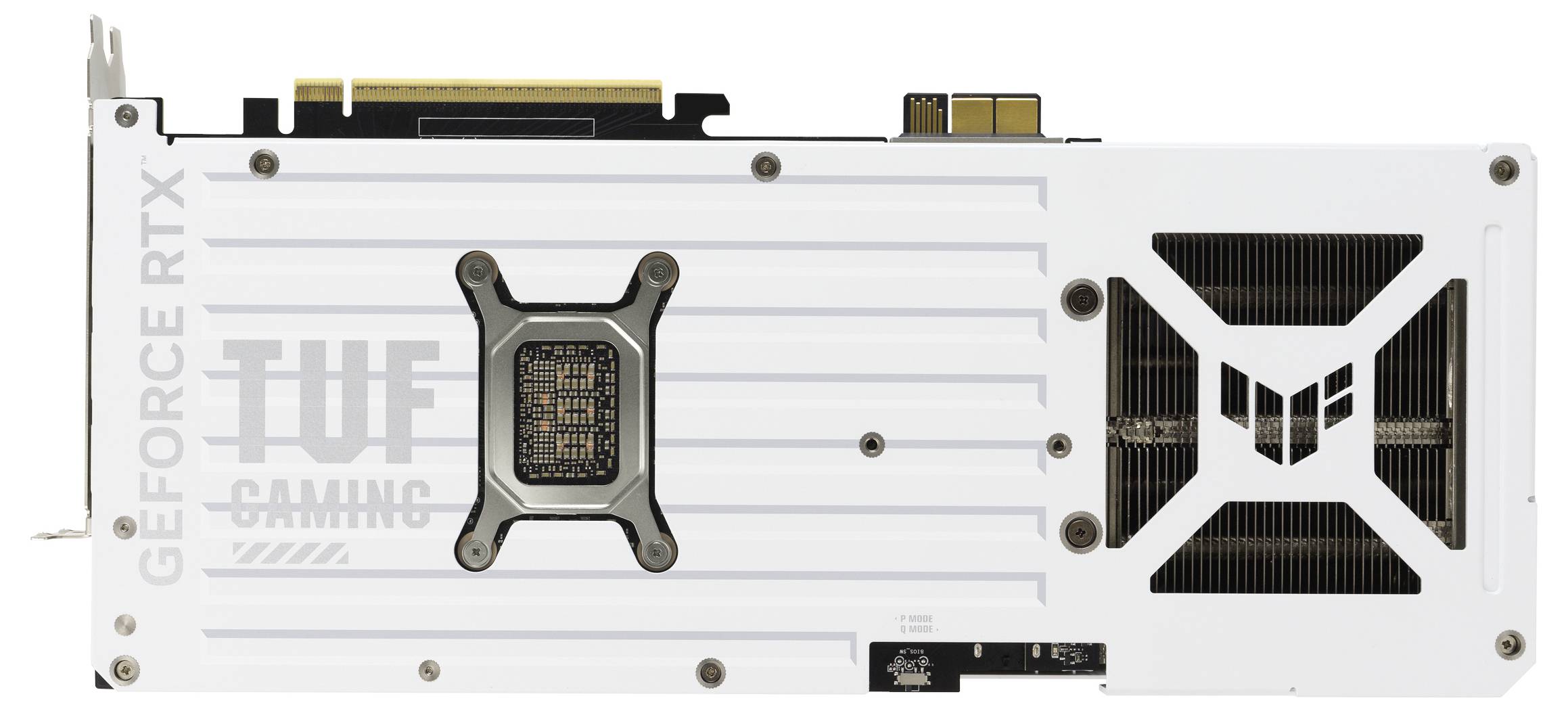 Eine weiße TUF Gaming GeForce RTX Grafikkarte wird von hinten gezeigt, mit einem Kühlventilator und einem sichtbaren Leiterplattensegment.