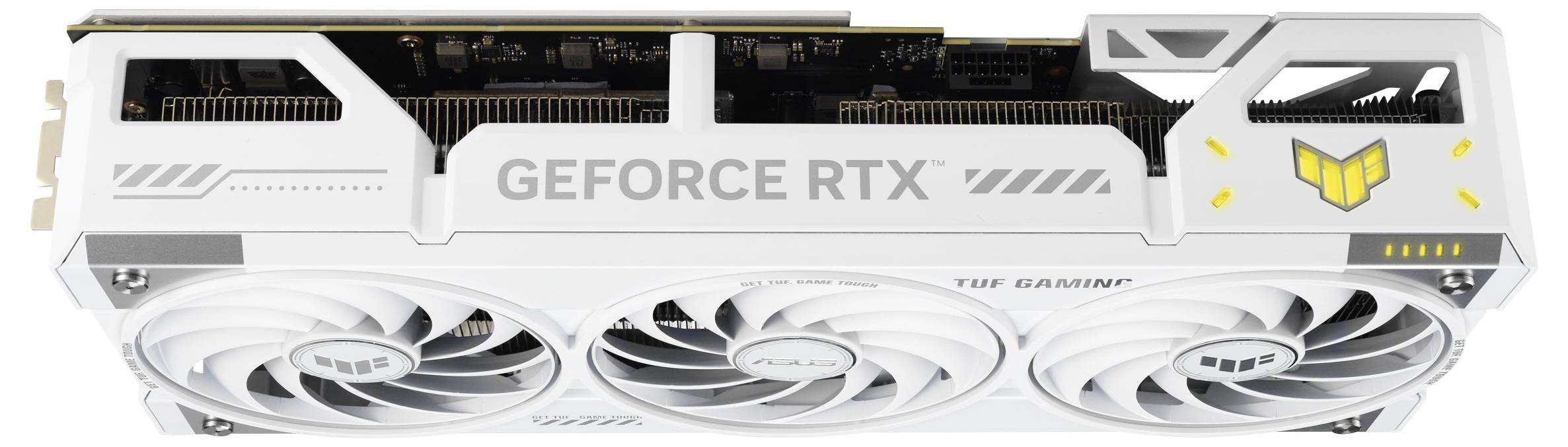 Weiße GeForce RTX Grafikkarte mit drei Kühlventilatoren und dem TUF Gaming-Logo, entwickelt für High-Performance-Computerspiele.