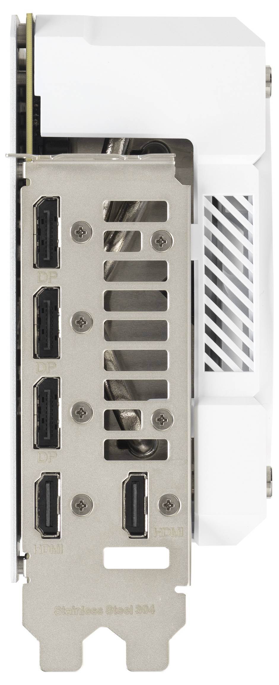 Eine weiße Grafikkarte mit mehreren HDMI- und DisplayPort-Anschlüssen auf dem Rückpanel.