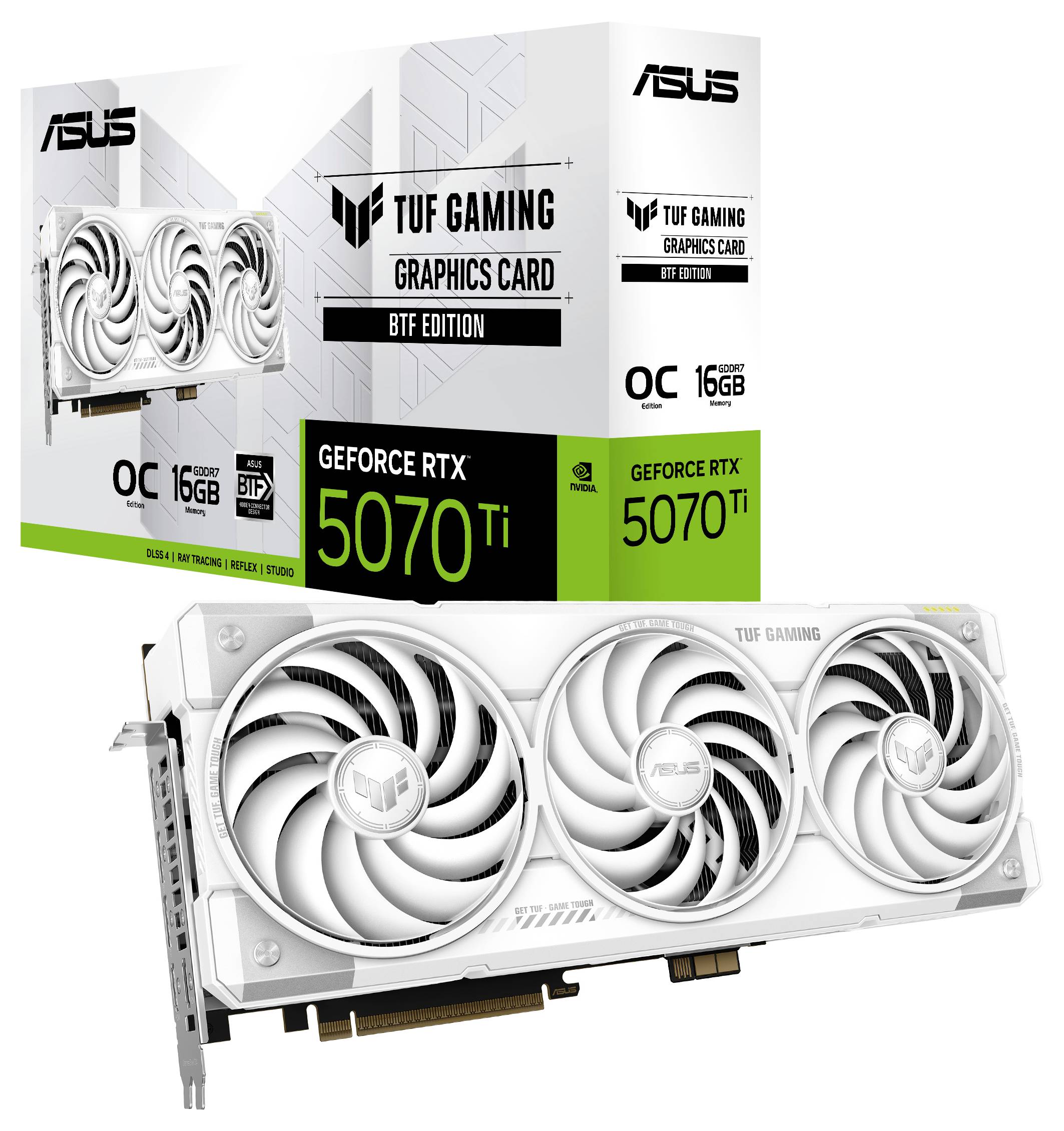 ASUS TUF Gaming GeForce RTX 5070 Ti Grafikkarte mit 16 GB Arbeitsspeicher wird vor ihrer Verpackung präsentiert und zeigt dabei ihre Kühlventilatoren.