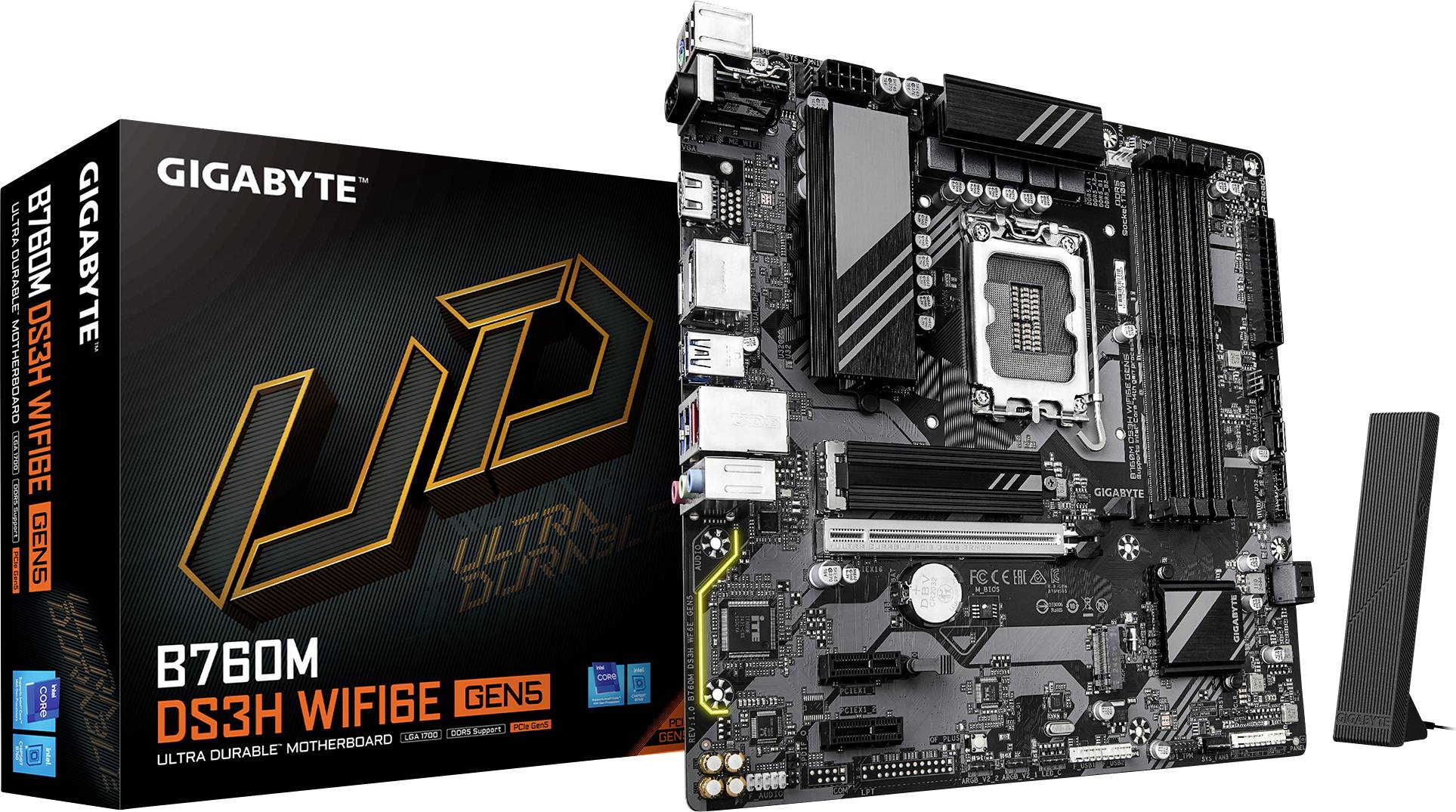 Mainboard neben seiner Verpackung mit der Aufschrift 