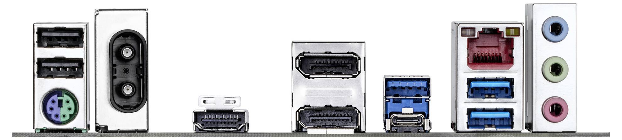 Eine Reihe verschiedener Computeranschlüsse, einschließlich USB, Ethernet, Audioanschlüssen und einem VGA-Anschluss, aus der Perspektive eines Geräterückens dargestellt.
