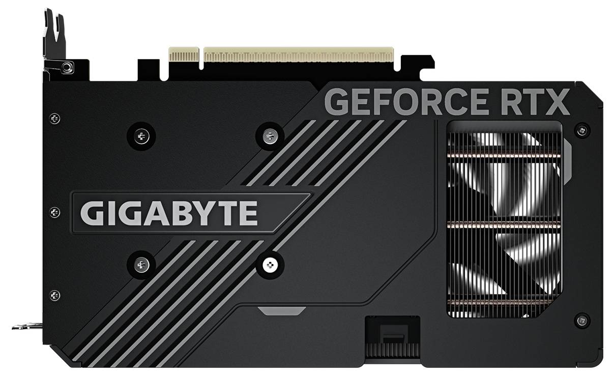 Eine 'GIGABYTE GeForce RTX' Grafikkarte mit schwarzem Äußeren, die Kühlventilatoren und Markierungstext an der Seite zeigt.