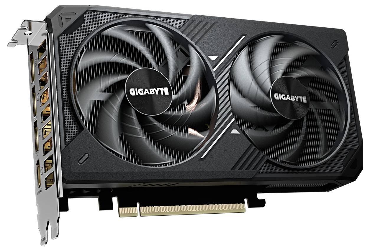 Eine schwarze Grafikkarte mit Doppellüftern, beschriftet mit 'Gigabyte', mit mehreren HDMI- und DisplayPort-Anschlüssen und einem PCIe-Anschluss für einen Computer.