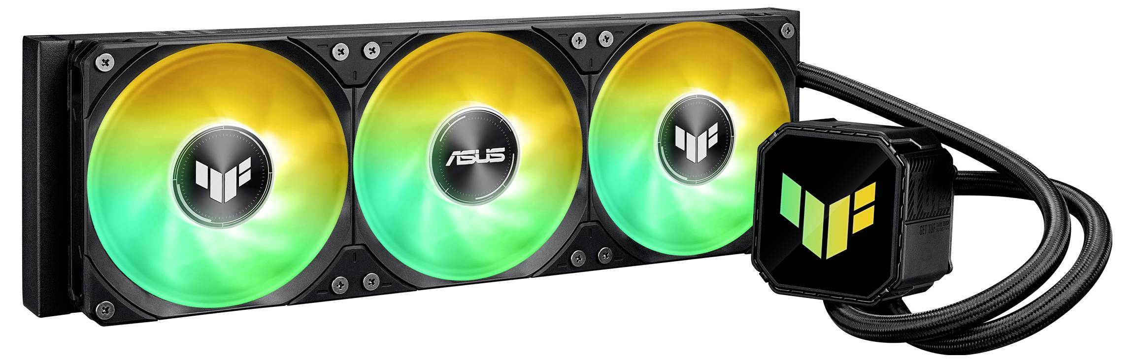 Ein dreifacher ASUS TUF Gaming RGB-Flüssigkeitskühler mit beleuchteten Lüftern in Gelb und Grün, entwickelt für fortschrittliche PC-Kühlung.