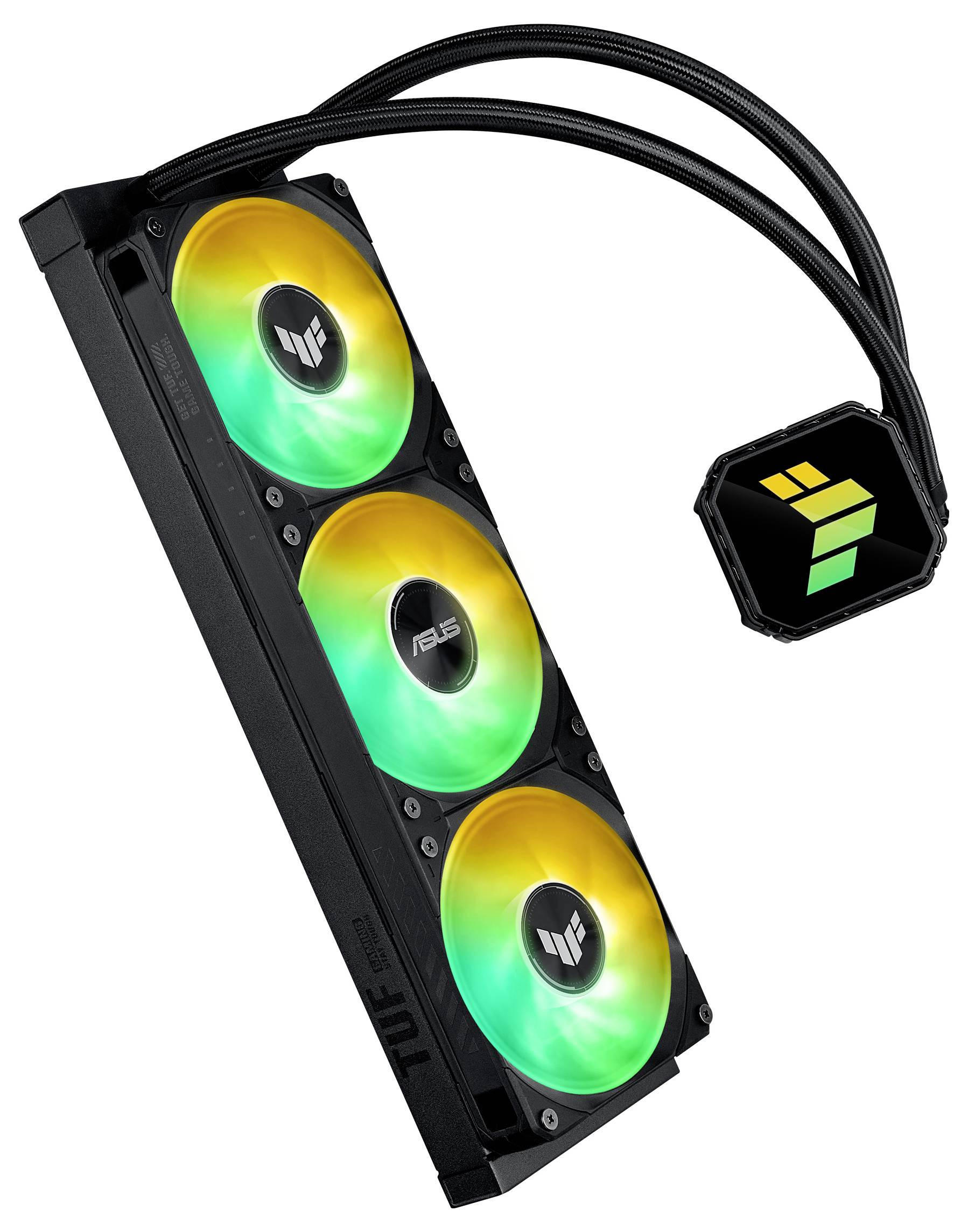 Flüssigkeits-CPU-Kühler mit drei RGB-Lüftern und 'TUF Gaming' Branding auf dem Radiator und Pumpenblock, entwickelt für High-Performance-Kühlung.