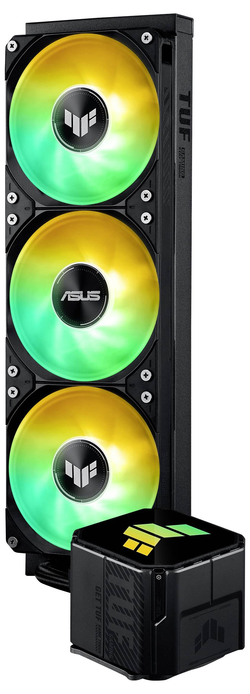Computerkühlung mit drei LED-Lüftern in Gelb und Grün, mit den Aufschriften 'ASUS' und 'TUF Gaming', neben einem Kühlblock.