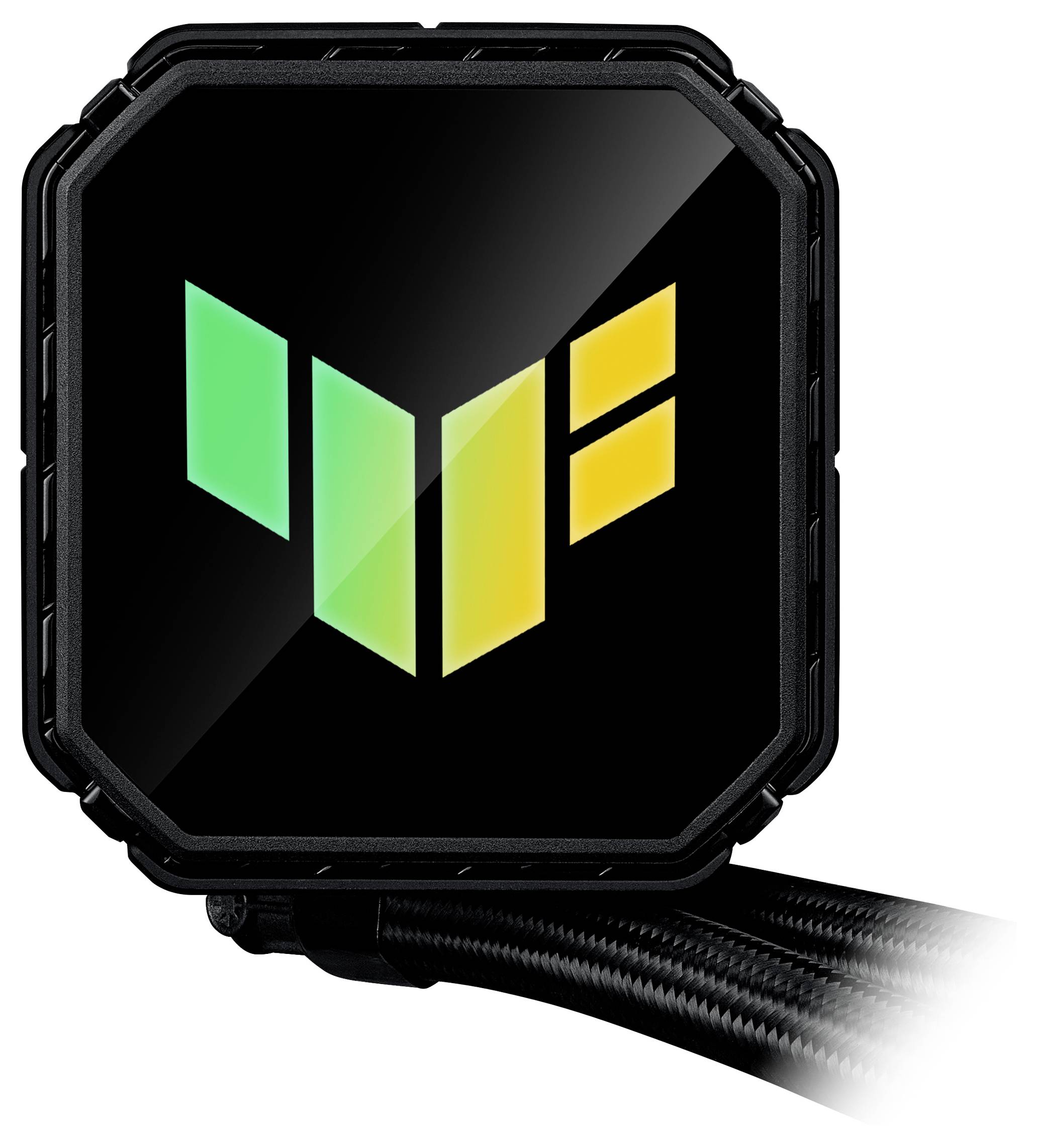 Eine Computerkomponente mit einer eleganten, quadratischen Oberfläche, die ein stilvolles Logo in Grün- und Gelbformen zeigt. Teil eines Kühlsystems.