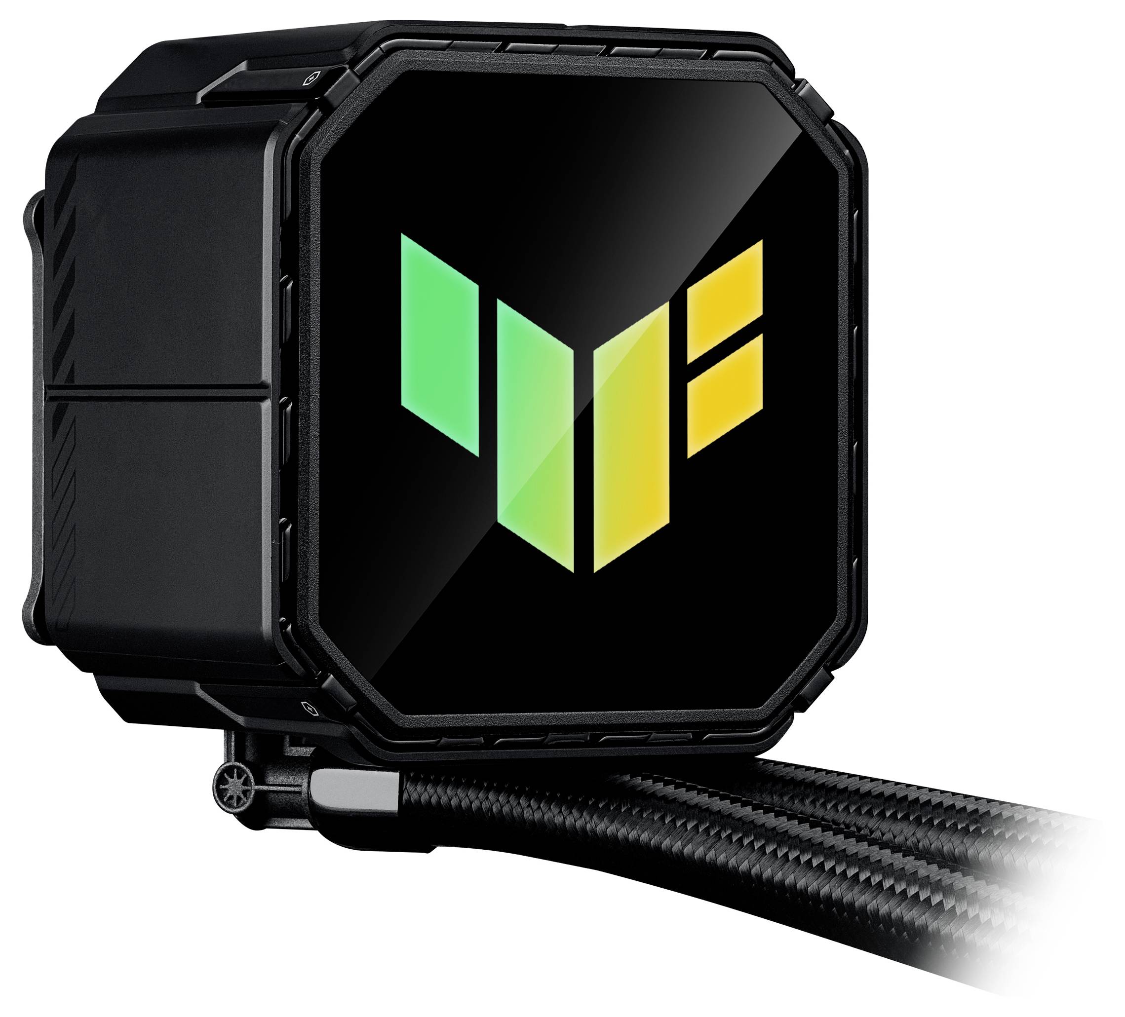 Ein schwarzes elektronisches Gerät mit einem bunten Logo aus drei grünen und gelben Formen auf einer reflektierenden Oberfläche, verbunden mit geflochtenen Kabeln.