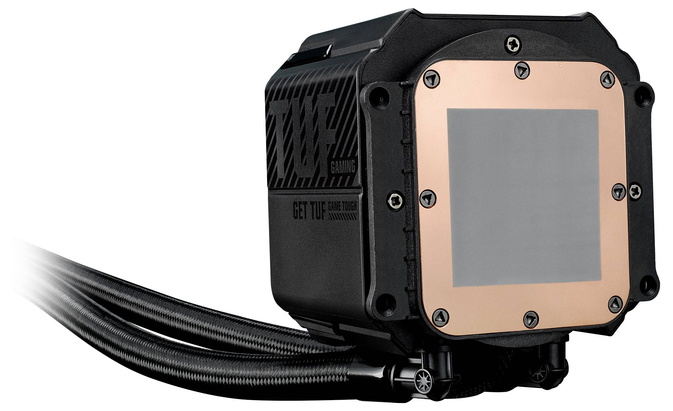 Eine Nahaufnahme einer Computer-Flüssigkühlungspumpe mit Kupferbasis, die für die Wärmeableitung vom Prozessor ausgelegt ist, mit angeschlossenen Schläuchen.