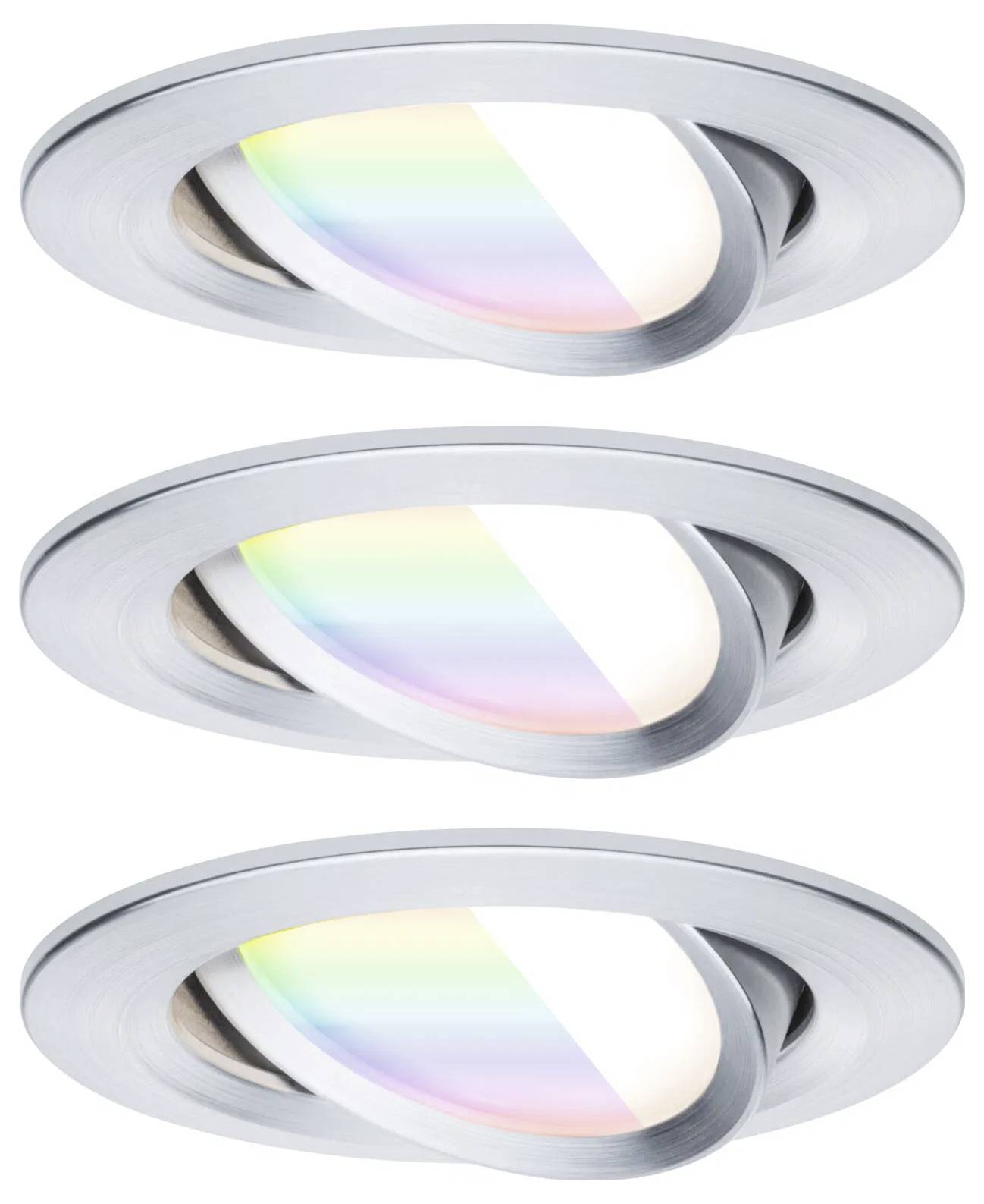 Drei silberne kreisförmige LED-Leuchten, vertikal ausgerichtet, strahlen weiches weißes Licht mit einem subtilen Regenbogeneffekt über ihre Oberflächen aus.