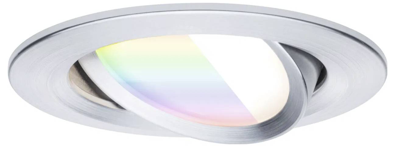 Eine moderne, runde LED-Deckenleuchte mit einem metallischen Rahmen, die auf ihrer Oberfläche einen dezenten Regenbogenfarben-Gradienten zeigt.