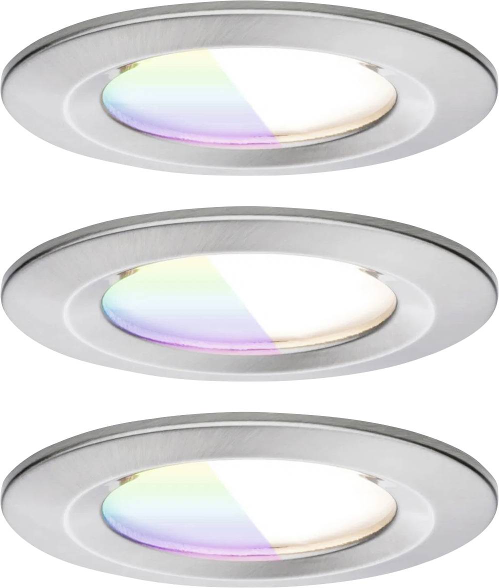 Drei runde LED-Einbauleuchten mit metallischem Rahmen, die jeweils ein Farbspektrum in Verlaufsform ausstrahlen und sowohl weiße als auch Regenbogenfarbtöne zeigen.