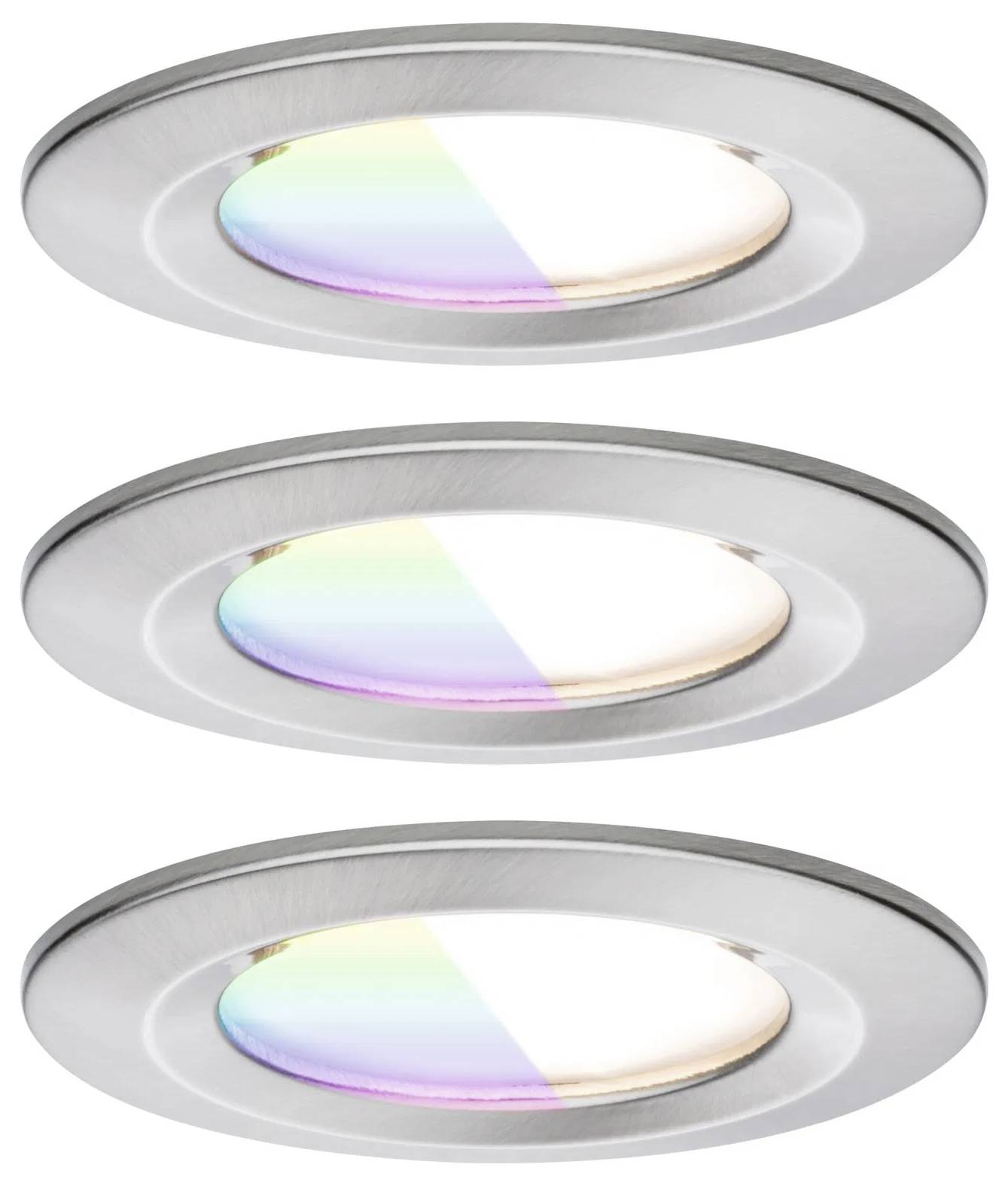 Drei metallische, runde Einbauleuchten, die jeweils einen Übergang von Kaltweißt zu einem Regenbogenspektrum zeigen und so die Farboptionen für Beleuchtung veranschaulichen.