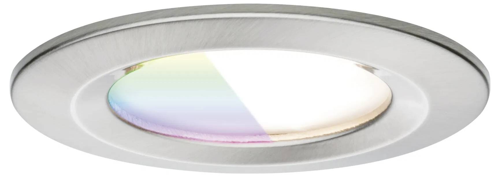 Eine kreisförmige LED-Deckenleuchte mit einem schlanken, metallischen Rahmen, deren Linse einen Farbverlauf zeigt, der darauf hindeutet, dass sie möglicherweise die Farbe wechseln kann.