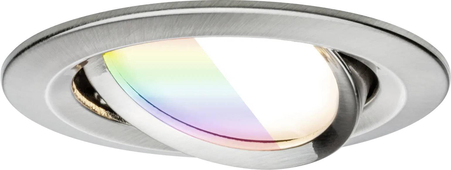 Eine eingelassene Deckenleuchte mit metallischer Oberfläche verfügt über ein verstellbares, kreisförmiges Design. Die Leuchte emittiert ein Spektrum von Farben.