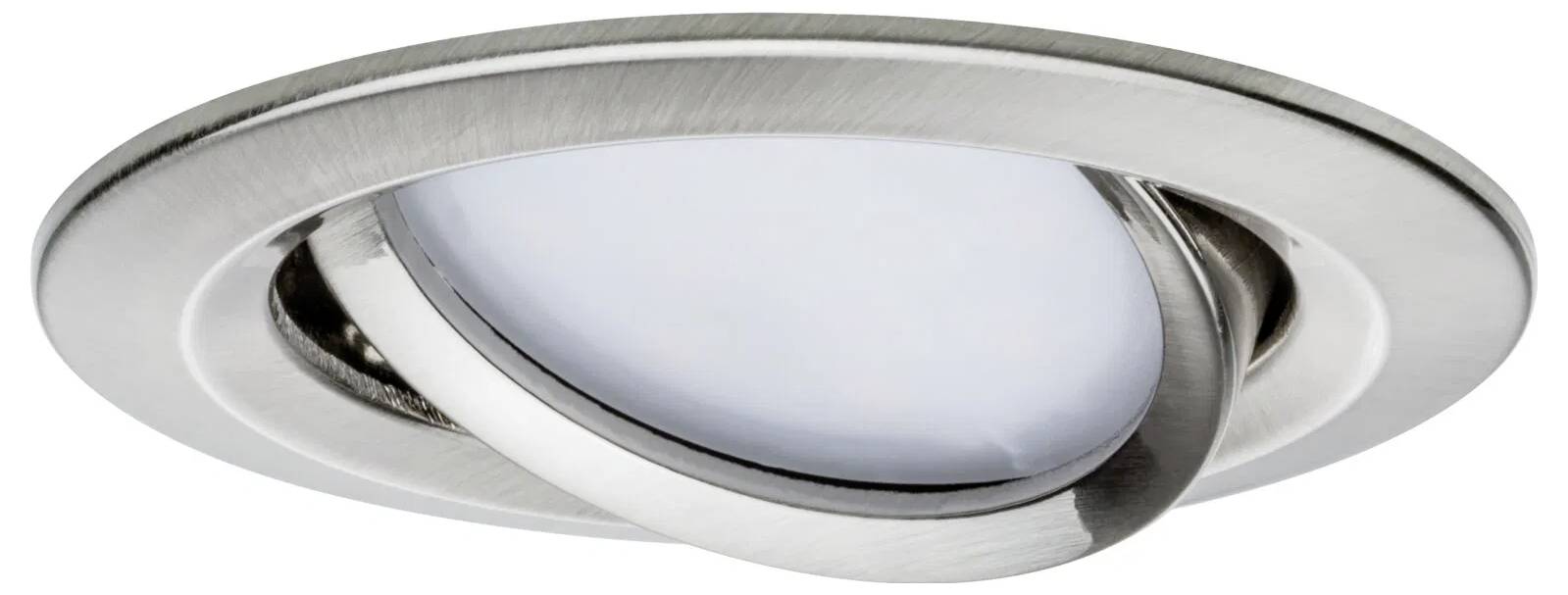 Eine runde, gebürstete Nickel-Einbauleuchte mit verstellbarer Höhe und weißer Innenlichtblende.