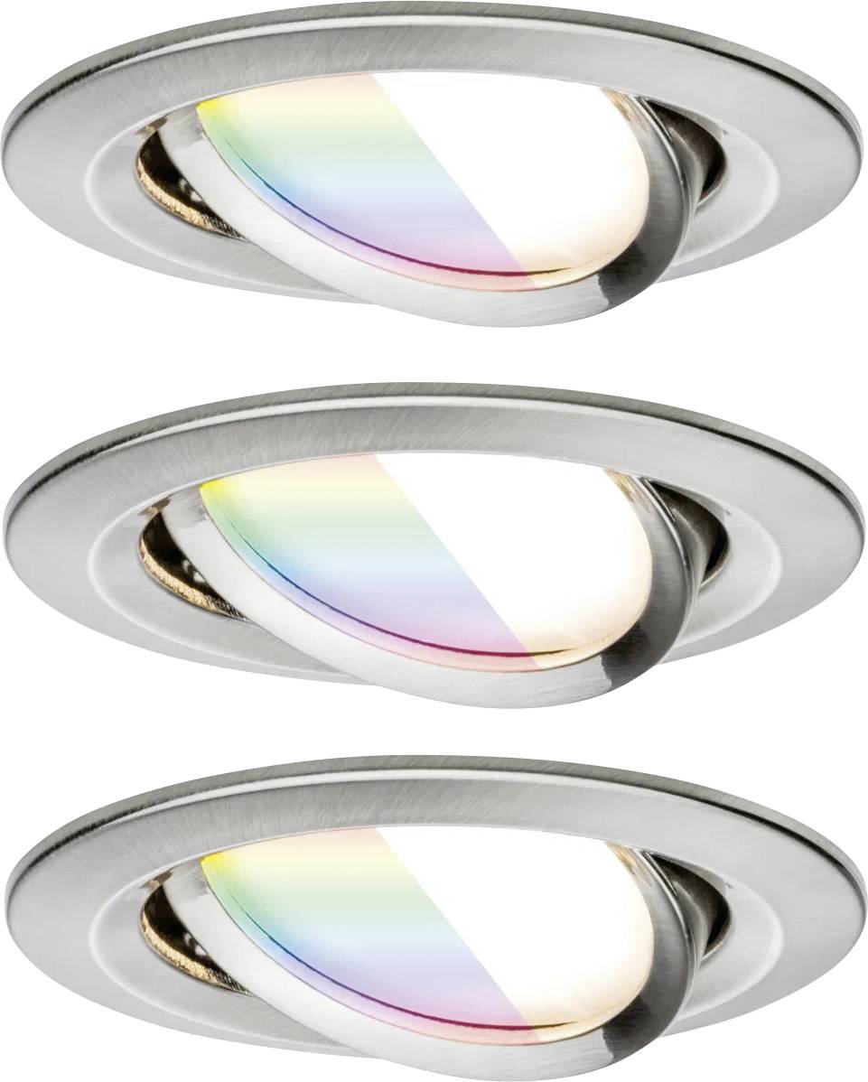 Drei eingelassene Leuchten mit verstellbaren, neigbaren Linsen, die auf jeder Linse ein Farbspektrum zeigen und dabei Designmerkmale hervorheben.