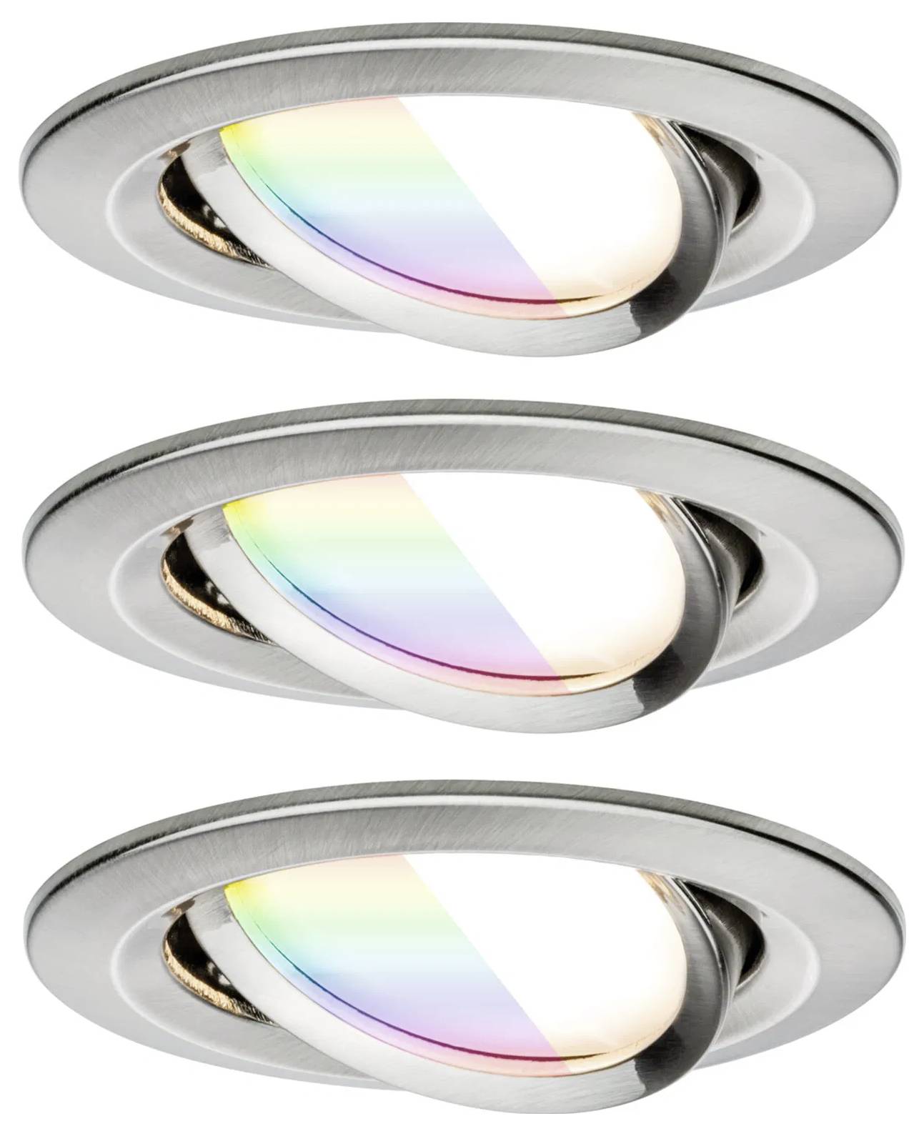 Drei metallische kreisförmige Deckenleuchten, die jeweils eine geneigte, konische Linse mit einem Farbspektrum aufweisen.