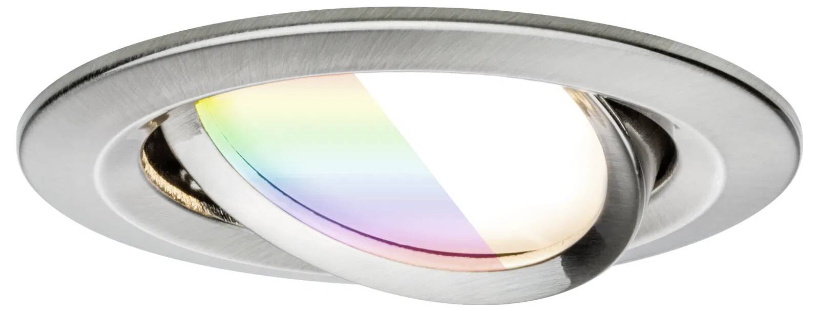 Eine eingelassene Deckenleuchte mit metallischem Rahmen und einer Linse, die einen Regenbogeneffekt zeigt und auf verstellbare Beleuchtung oder Farboptionen hindeutet.