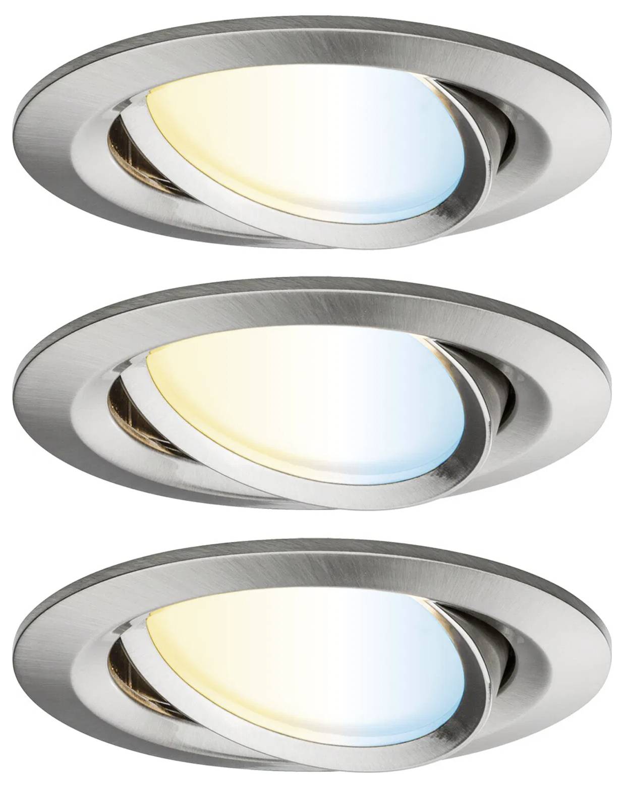 Drei runde, eingelassene Deckenleuchten, die jeweils unterschiedliche Farbtemperaturen zeigen: Kühlweiß, neutralweiß und warmweiß.
