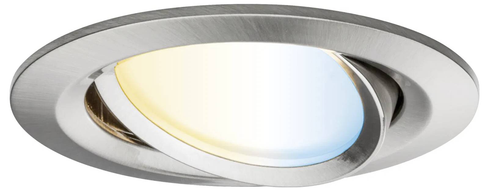 Eine runde, eingelassene Deckenleuchte mit verstellbaren LED-Lampen, die ein Farbspektrum von warmem bis zu kühlem Licht ausstrahlt. Elegante Silberfinish.