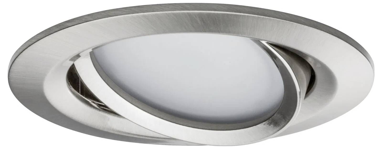 Eine moderne, kreisförmige Einbau-Deckenleuchte mit metallischer Oberfläche und verstellbarem Innenring zur Lichtlenkung.