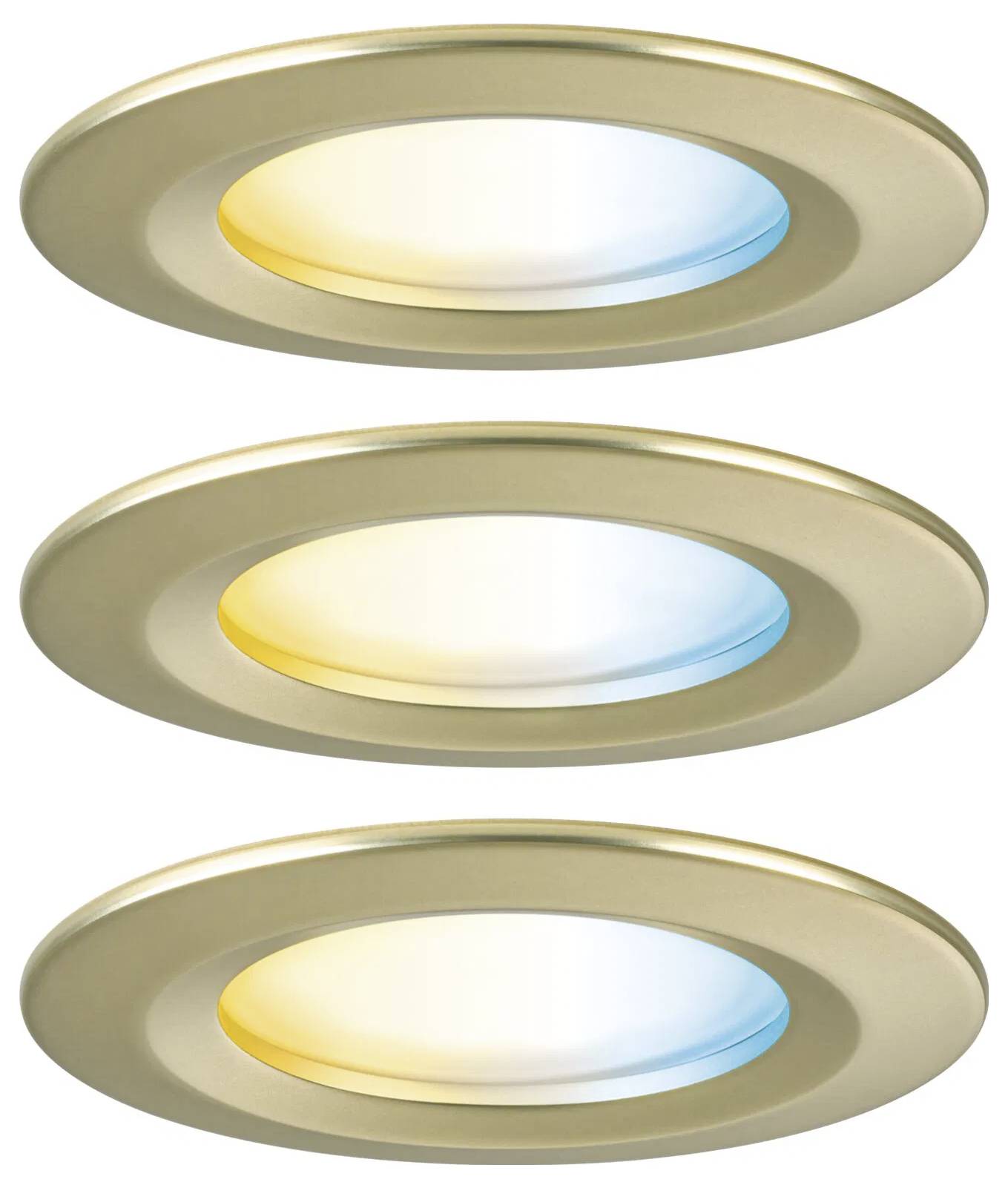 Drei kreisförmige LED-Einbauleuchten in Goldausführung, die jeweils unterschiedliche Lichttemperaturen zeigen: warmes Gelb, kühles Blau und neutrales Weiß.