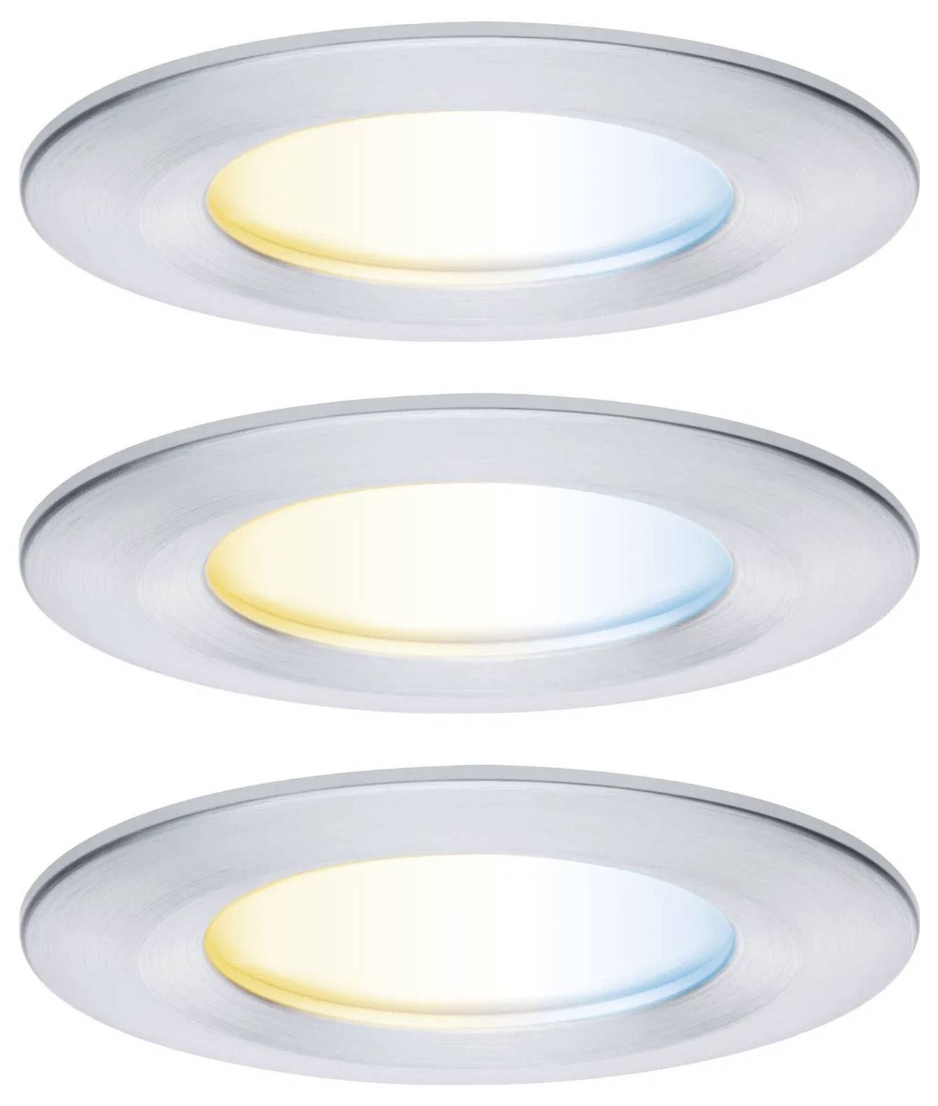 Drei eingelassene Leuchten zeigen verschiedene Farbtemperaturen: warmes, neutrales und kühles Weiß und demonstrieren damit Beleuchtungsoptionen.