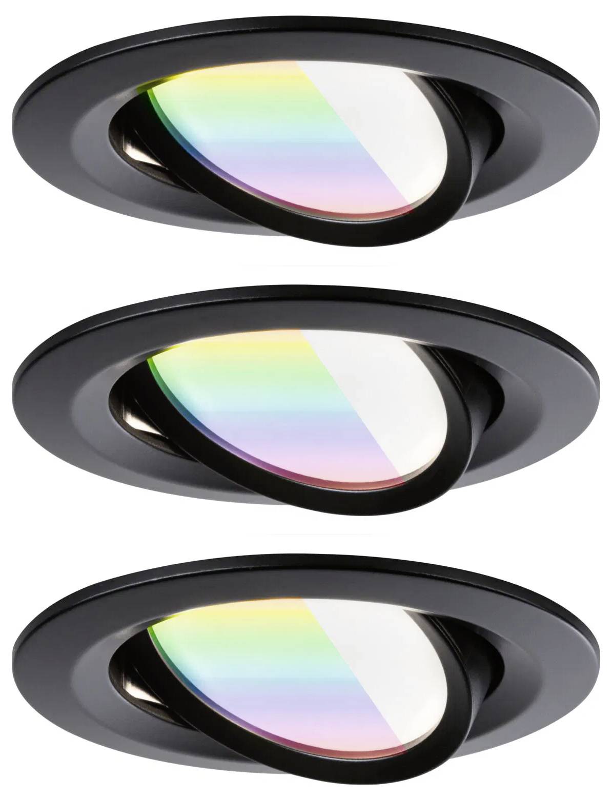 Drei schwarze, verstellbare eingelassene Deckenleuchten mit einer Regenbogenreflexion auf der Linse, vertikal in einer Reihe angeordnet.