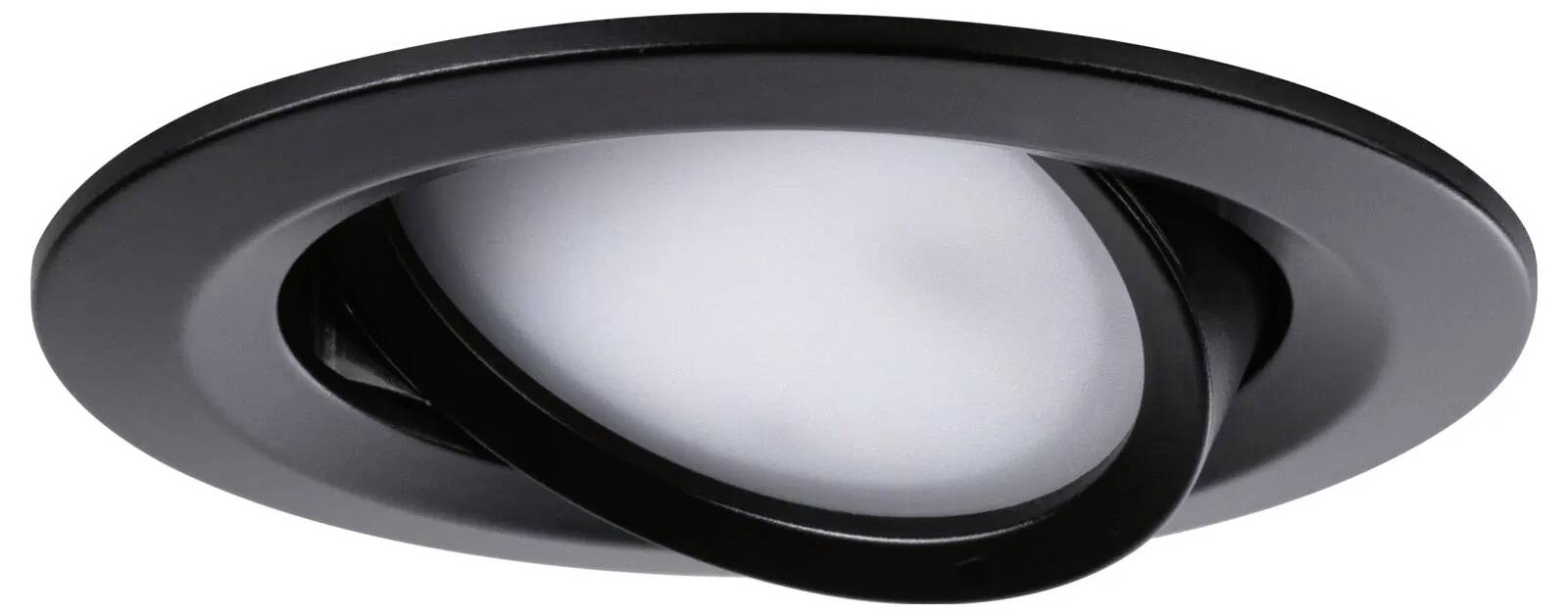 Eine schwarze, verstellbare Einbau-Deckenleuchte mit einem weißen Lichtdiffusor, die für gerichtete Beleuchtung in Decken konzipiert ist.