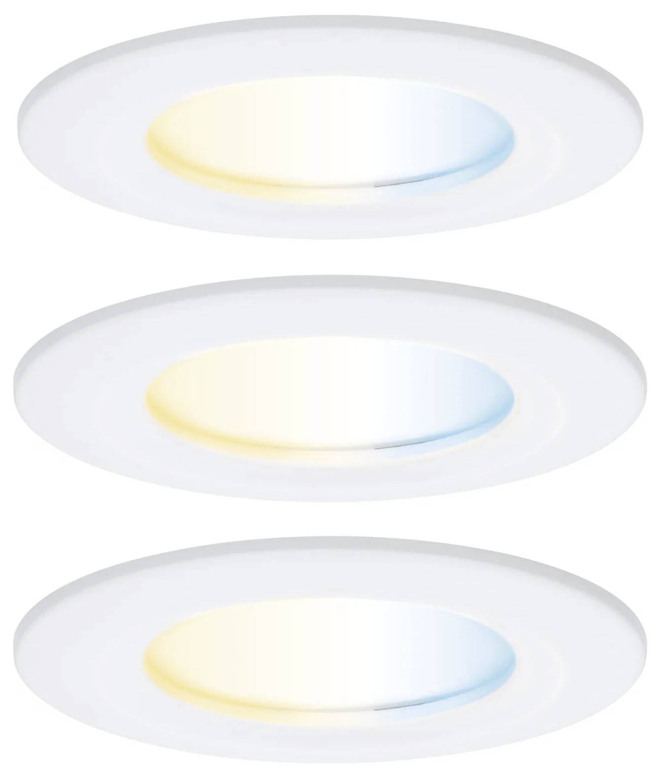 Drei eingelassene Deckenleuchten werden gezeigt, die jeweils unterschiedliche Farbtemperaturen von warmweiß bis kühlweiß darstellen.