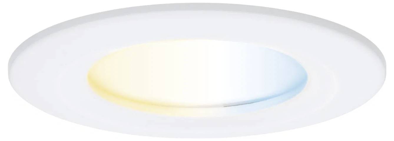 Eine runde, weiße LED-Deckenleuchte mit einem Farbverlauf, der von warmen zu kühlen Lichttönen übergeht.