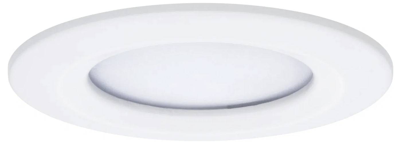 Eine runde, weiße, eingelassene LED-Deckenleuchte mit flachem Design. Geeignet für moderne Innenräume.