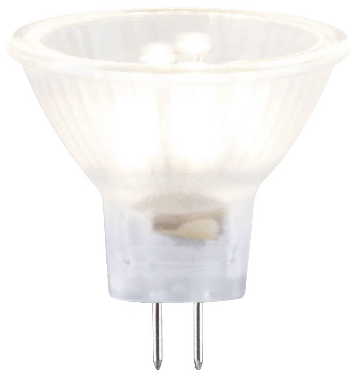 Eine klare LED-Spotlampe mit geripptem Kunststoffdesign und zwei Metallstiften an der Basis, die für energieeffiziente Beleuchtung verwendet wird.