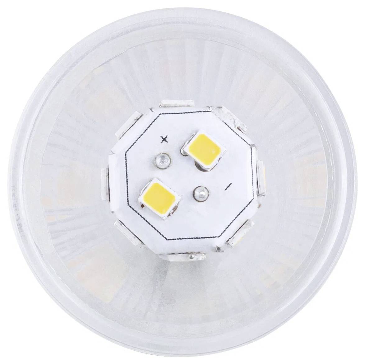 Draufsicht einer LED-Lampe mit zwei gelben Dioden auf einer Leiterplatte, eingehaust in einem klaren kreisförmigen Gehäuse.