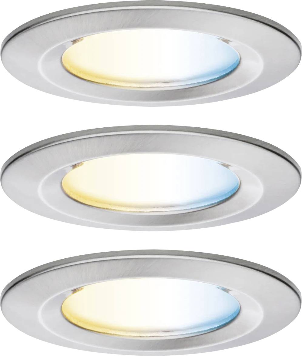 Drei kreisförmige LED-Leuchten in silbernen Gehäusen, die jeweils verschiedene Weißtöne ausstrahlen: warmweiß, neutralweiß und kühlweiß.